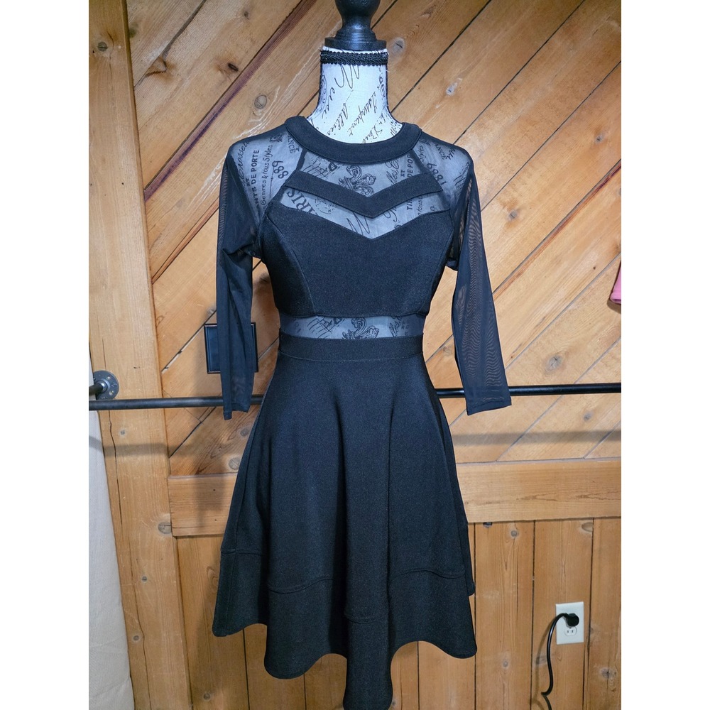 Emerald Sundae Black Mesh Cutout Fit and Flare Mini‎ Dress 3/4 Sleeve Small